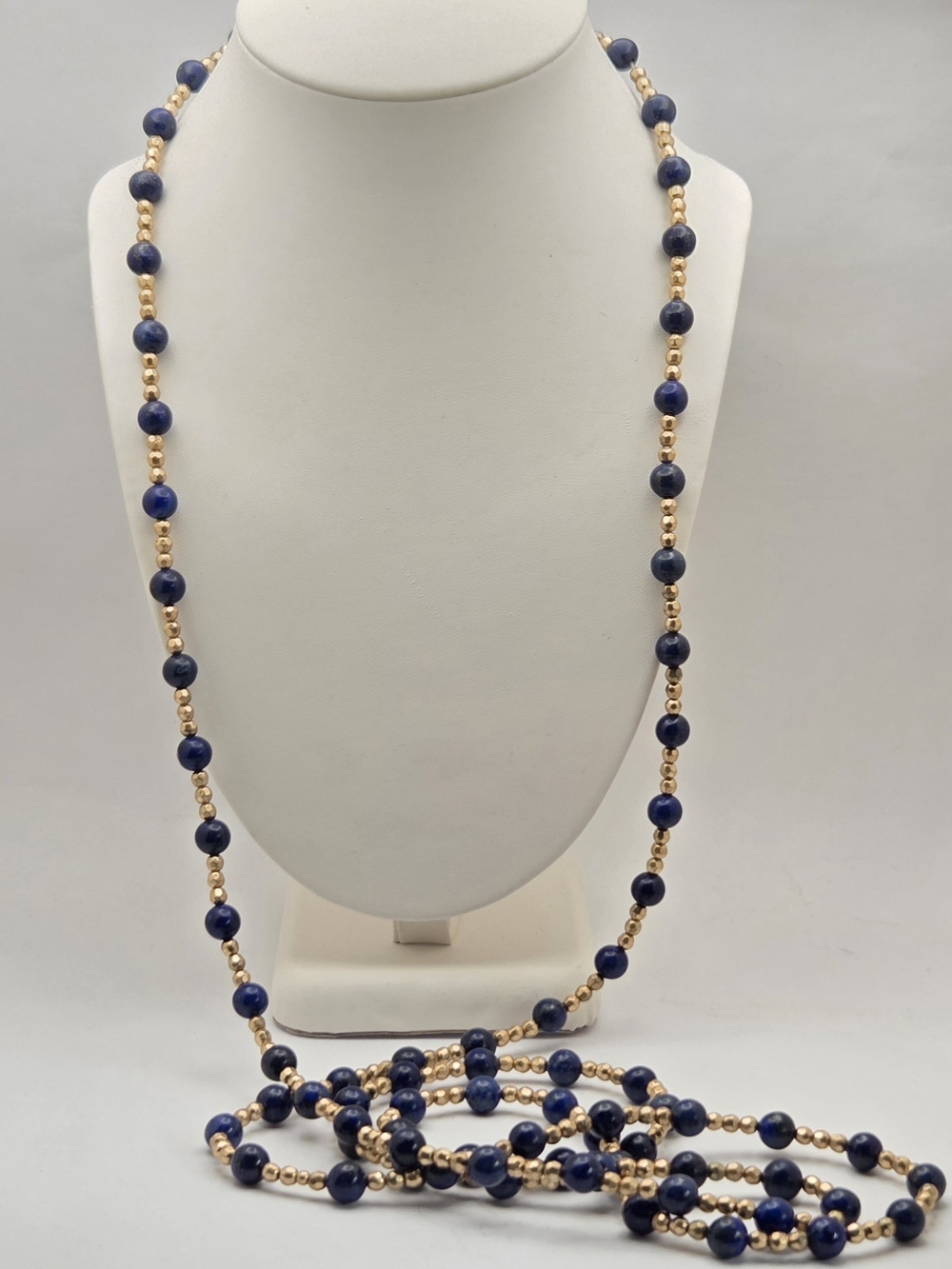 Vintage 60" Lapis Lazuli Stone & Gold Bead Flapper Opera Length Necklace